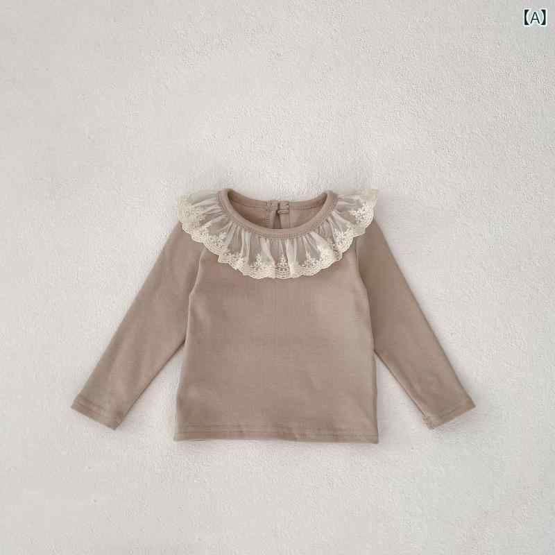 女児 ベビー トップス 長袖 花辺 襟 シャツ 春夏 綿混紡 柔らかい 肌触り 百搭 普段使い かわいい デザイン 純色 米白色 ピンク系 伸縮性 吸湿速乾 安全素材 0-3歳 女の子 2