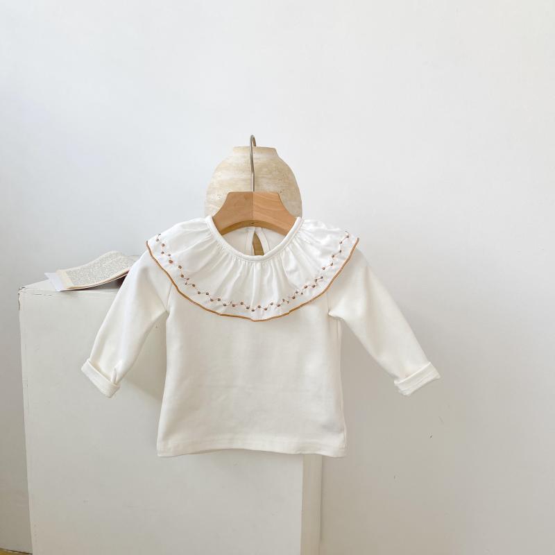 乐天商城 - 女児トップス 女の子 1-3歳用 長袖 綿95% ベビーTシャツ 刺繍 フリルカラー ラウンドネック ベージュ 春 純色 長袖カットソー 綿素材 柔らかい肌触り 日常着 ベビー服 無地デザイン 快適 軽量 伸縮性