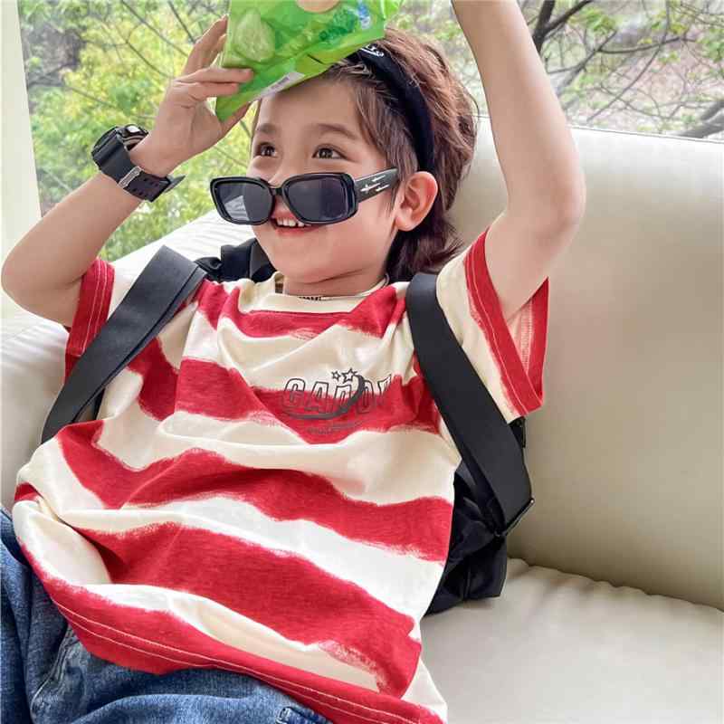 子供用 Tシャツ 男女童 純棉 短袖 半袖 赤 横縞 タイダイ柄 かわいい トレンド 柔らか素材 吸湿速乾 丸首 夏用 普段使い 3〜8歳 100〜160cm トップス 上衣 綿98% ソフトタッチ 抽象パターン アルファベット ユニセックス ベビー服