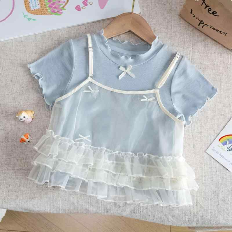 Rakuten - 女児 夏服 セットアップ かわいい 短袖 Tシャツ トップス 綿素材 柔らかい 吸湿速乾 丸首 無地 蝶結び ベビー 女の子 1-3歳 80-130cm 春夏 普段使い 部屋着 軽量 伸縮性 通気性 ブルー ミントホワイト
