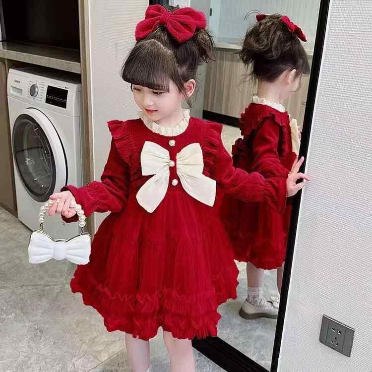 女児 ワンピース キッズ 秋冬 長袖 プリンセス スカート 女の子 蓬蓬 スカート かわいい 花柄 ポリエステル 涤纶 フレア スカート 切り替え デザイン 赤 ピンク 3-8歳 100-140cm 通学 普段使い 軽量 伸縮性 吸湿速乾 暖かみ