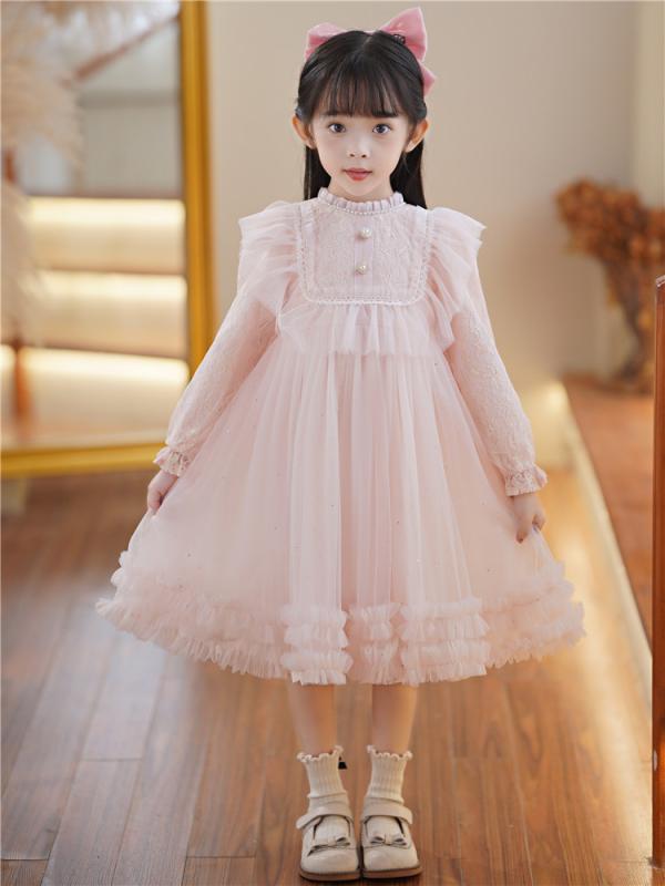 Suits, Tuxedos （Boys） - 女児 ワンピース キッズ 女の子 秋冬 ロリータ プリンセスドレス 子供 礼服 蓬蓬スカート レース ワンピース 長袖 切り替え デザイン 柔軟素材 綿 裏地 接触冷感 ピンク 赤 ベージュ かわいい 普段使い 秋 冬 春秋 純色 プリンセス スカート