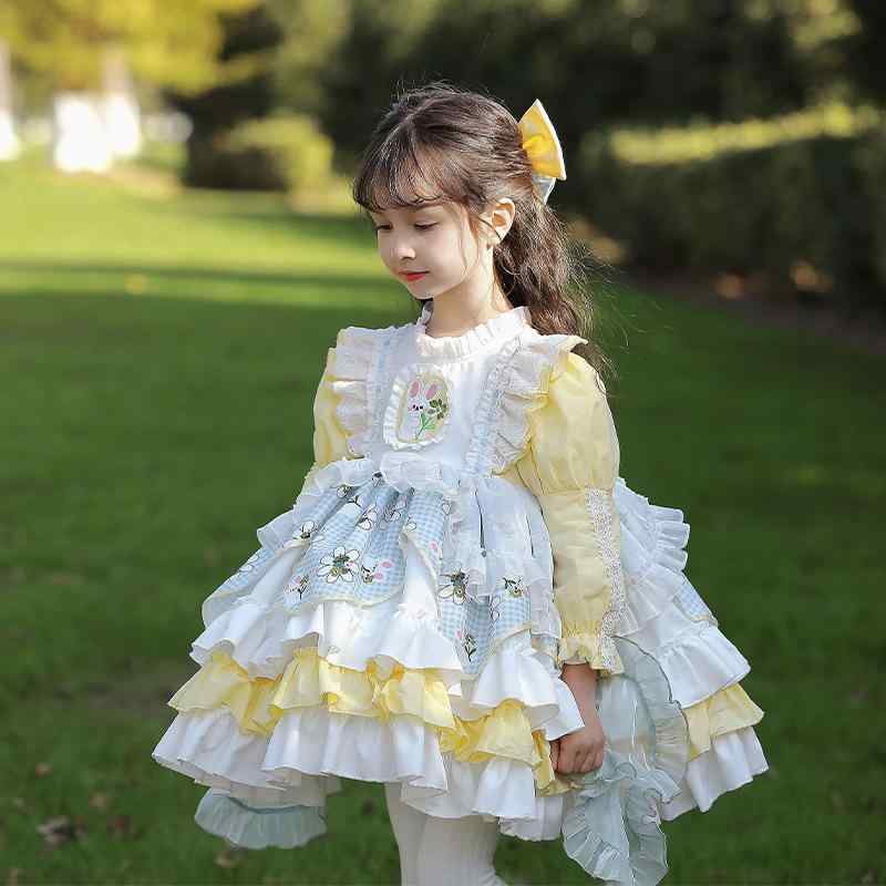 Suits, Tuxedos （Boys） - 女児 ロリータドレス かわいい コットン 100% 長袖 連衣裙 蓬蓬裙 荷叶边 スカート 黄色 春夏 中小童 3〜8歳 100〜140cm 身長対応 カートゥーン柄 Aクラス安全 実用 軽量 通学 普段使い かわいいスタイル 女の子向け