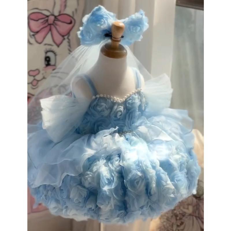 晚礼服套装（男孩） - キッズ 女の子 プリンセスドレス コットン 連衣裙 短袖 春夏 かわいい 花柄 ブルー 宴会 誕生日 パーティー 蓬蓬スカート 軽量 伸縮性 3〜8歳 100〜140cm 100〜150cm 対応 プリンセス スタイル 花柄プリント コットン95% 裏地