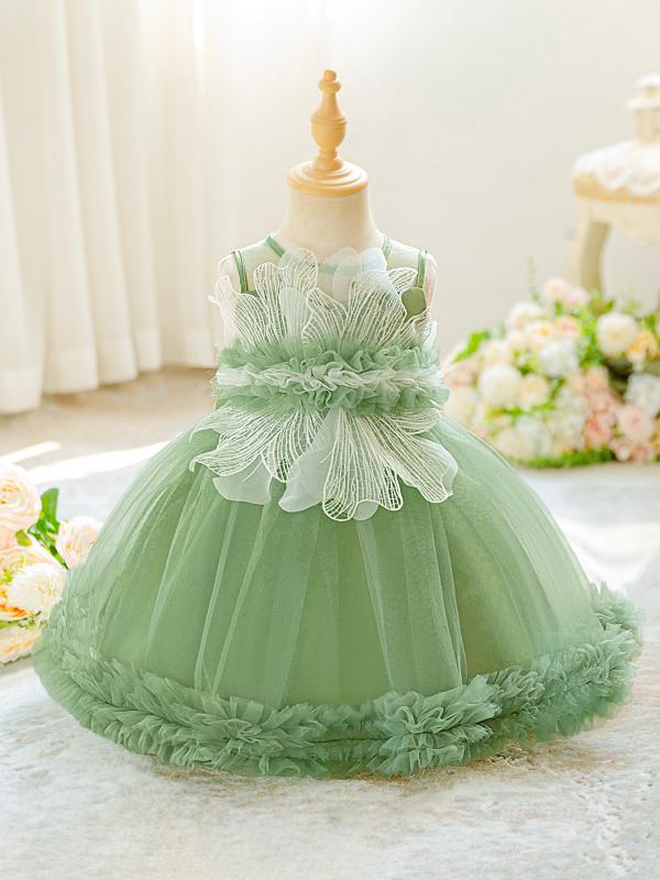 女児 ベビー 女の子 礼服 ドレス ウェディングドレス 誕生日ドレス 姫ドレス プリンセスドレス 蓬蓬スカート チュールスカート グリーン 牛油果緑 コットン混紡 ポリエステル 酵素洗 春秋 夏 秋冬 通年 70cm 80cm 90cm 100cm 11