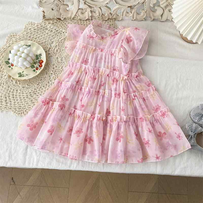 女の子 ワンピース 子供服 夏用 春夏 ピンク かわいい 花柄 無袖 プリンセススカート 雪纺風 接触冷感 再生繊維 軽量 通気性 姫スタイル 女児 3-8歳 かわいい 仙女風 女の子服 夏装 花柄スカート 子供 プリンセスドレス ピンク系 無袖ワンピー