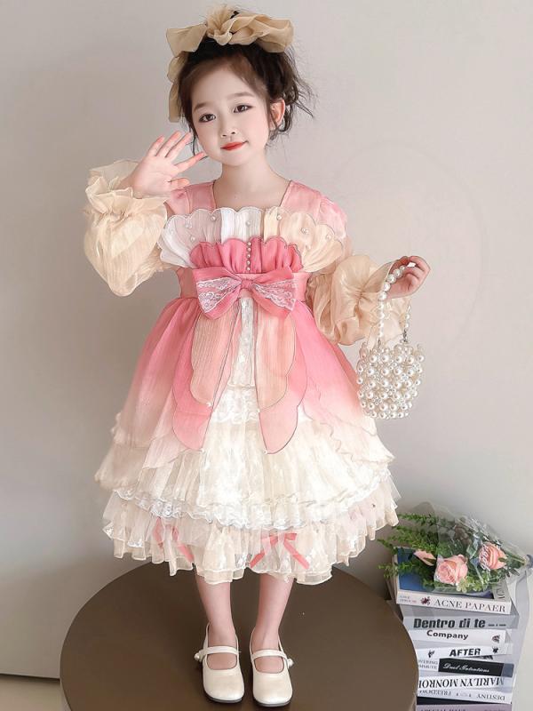 晚礼服套装（男孩） - 女児 ロリータ ドレス かわいい 女の子 連衣裙 プリンセス スカート 子供服 女童 トップス 綿混紡 長袖 純色 ピンク 春季 秋季 プリンセス風 蓬蓬スカート 3〜8歳 中小童 100〜140cm 通学 誕生日 礼服 かわいい プリンセス ガールズ