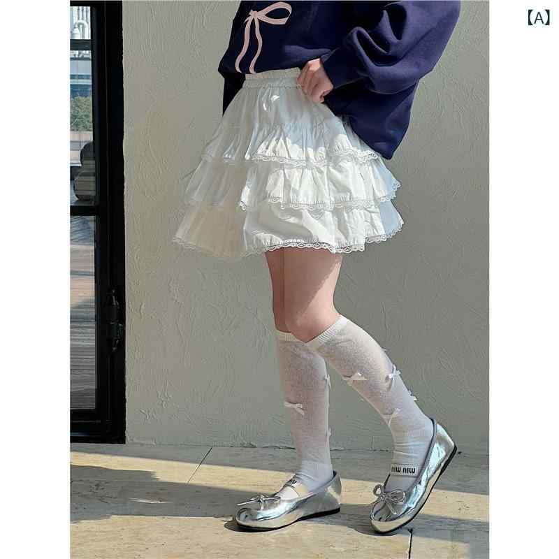 女の子 スカート キッズ 春夏 綿 接触冷感 半身 蓬蓬 蛋糕 レース 花柄 フレア かわいい 軽量 伸縮性 普段使い 通学 学校 トップス コーデ 3-8歳 100-140cm ホワイト ピュアホワイト アイボリー レイヤード 韓国風 カジュアル フェ