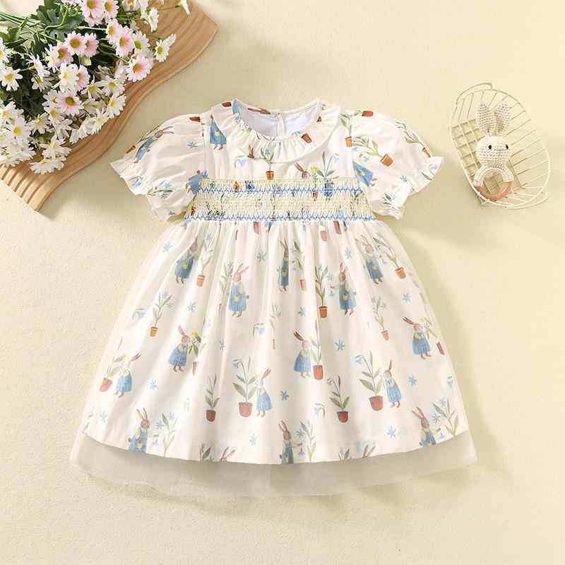 女児 ワンピース プリンセスドレス 女の子 子供服 夏用 コットン 100% 綿素材 薄手 網纱 チュール レース プリント柄 花柄 かわいい デザイン Aライン スカート 短袖 ブルー 軽量 吸湿速乾 伸縮性 1歳から 3歳 80cm 90cm 100