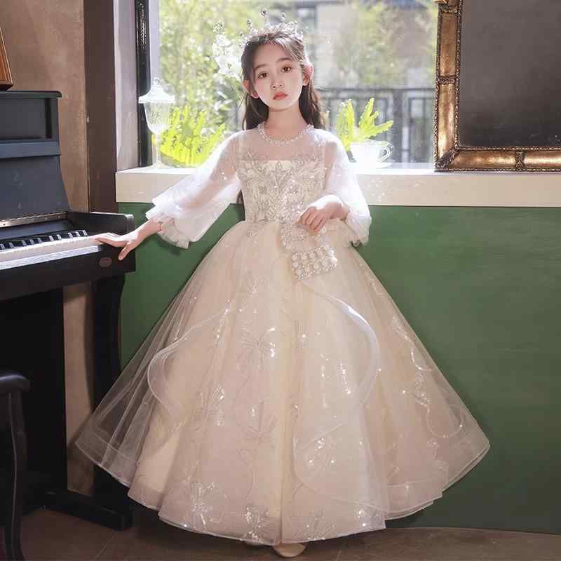 キッズ 女の子 秋冬 ドレス 蓬蓬スカート プリンセス 花嫁 子供 礼服 誕生日 パーティー 香槟色 化繊混紡 ポリエステル ふんわり シルエット 秋 秋冬 プリンセス スタイル かわいい 女の子用 中大童 110-160cm 対応 剪毛加工 安全B級