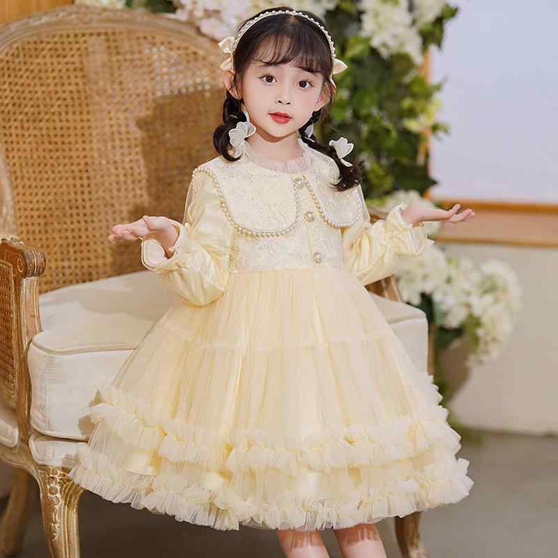 Suits, Tuxedos （Boys） - 女の子 ワンピース 長袖 プリンセス スカート かわいい ふんわり チュール レイヤード デザイン コットン 混紡 生地 ポリエステル 素材 Aライン スカート シャンパンカラー 香り高い ゴールド ニュアンス 春秋 シーズン 対応 中大童 サイズ 伸縮