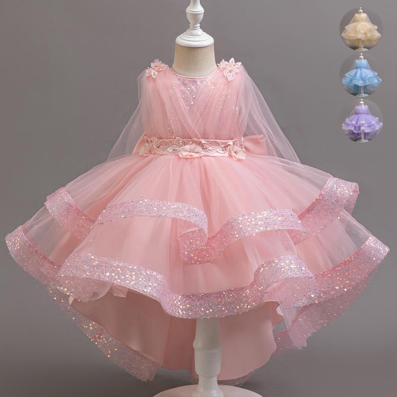 キッズ 女の子 夏 礼服 プリンセス ドレス 連衣裙 かわいい 蓬蓬 スカート 亮片 シーキン チュール ネット 蝶結び ボリューム シルエット 接触冷感 ポリエステル 混紡 素材 軽量 伸縮性 吸湿速乾 薔薇色 ラベンダー ブルー シャンパン ピンク系