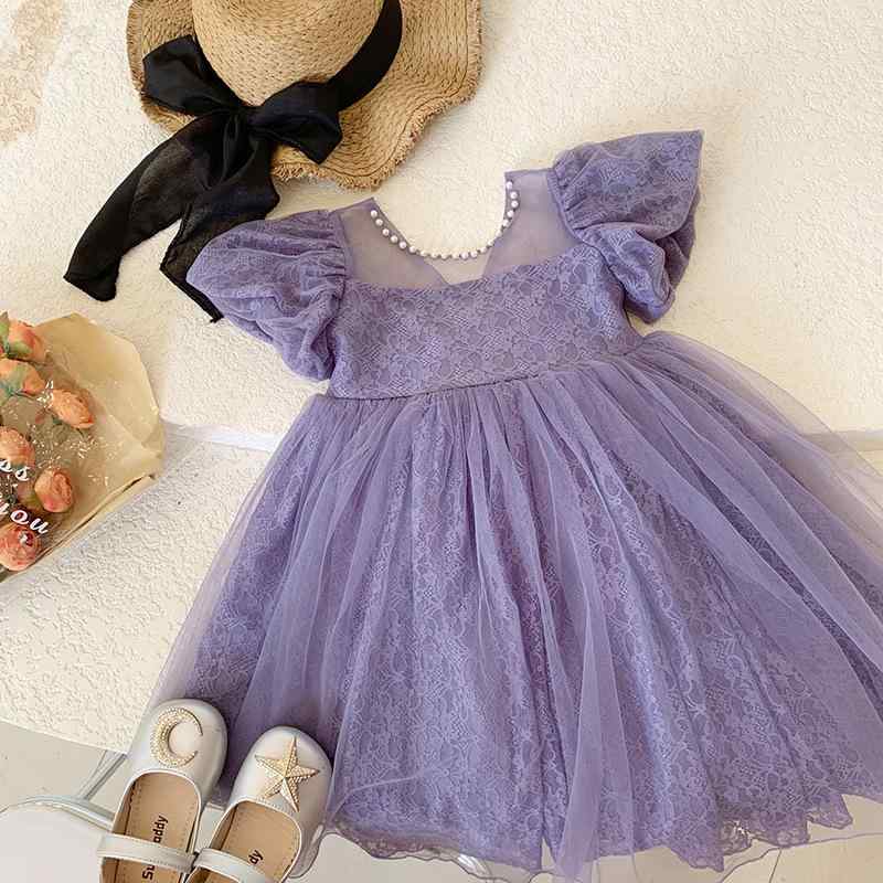Dress Suits （Girls） - 女の子 ワンピース 子供 春夏 短袖 プリンセス スカート コットン混紡 柔らかい レース 網纱 Aライン かわいい 紫色 3-8歳 100-140cm 通学 日常 軽量 吸湿速乾 かわいい 柄なし