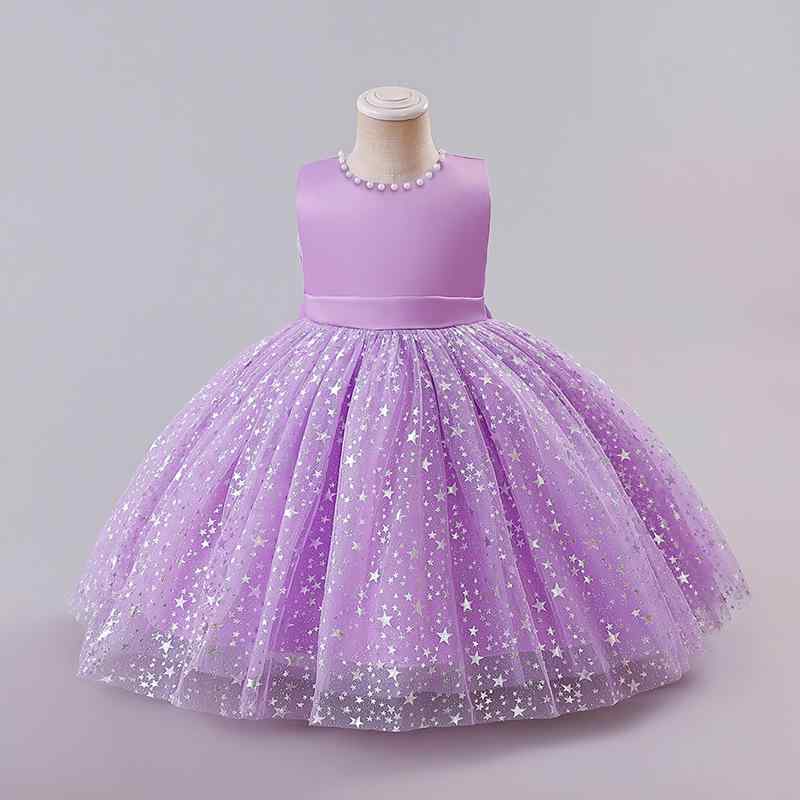 Suits, Tuxedos （Boys） - 女児 礼服 ドレス プリンセス スカート 女の子 1〜3歳 紫色 天藍 網紗 チュール プリーツ 加工 蝶結 リボン 領口 パール 装飾 ポンパドール フレア シルエット 聚酯 繊維 涤綸 素材 通年 着用 可能 誕生日 パーティー 発表会 演出 ドレス