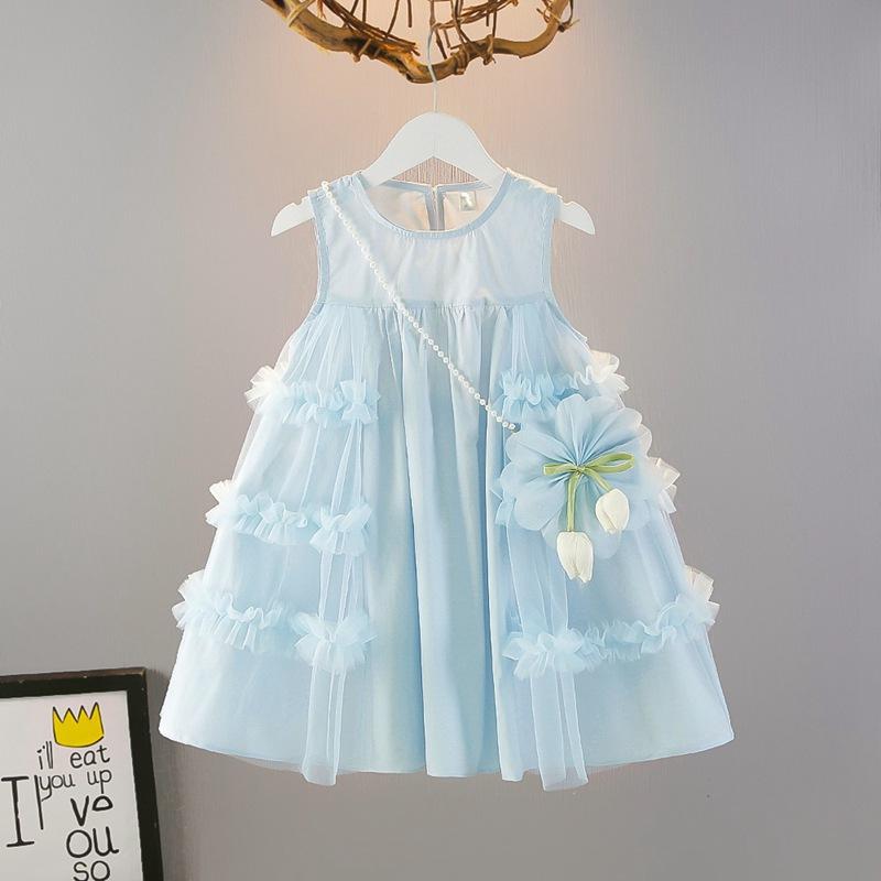 キッズ 女の子 ワンピース 夏用 綿素材 無袖 Aライン スカート 薄手 軽量 かわいい プリンセス風 ネットヤーン バック ライトブルー ピンク イエロー サイドフリル 大きな花飾り 3～8歳 100～140cm 吸湿速乾 柔らかい肌触り 通気性 日常