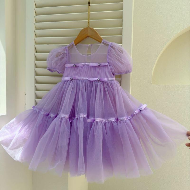 Dress Suits （Girls） - 女の子 ワンピース 秋 長袖 Aライン 泡泡袖 網纱 かわいい プリンセス スカート 紫色 柔らかい ポリエステル 綿 ライニング 3-8歳 中小童 普段使い 軽量 通気性 100-150cm 女児 子供服 ドレス 秋服 ガーリー フェミニン ソフト 快