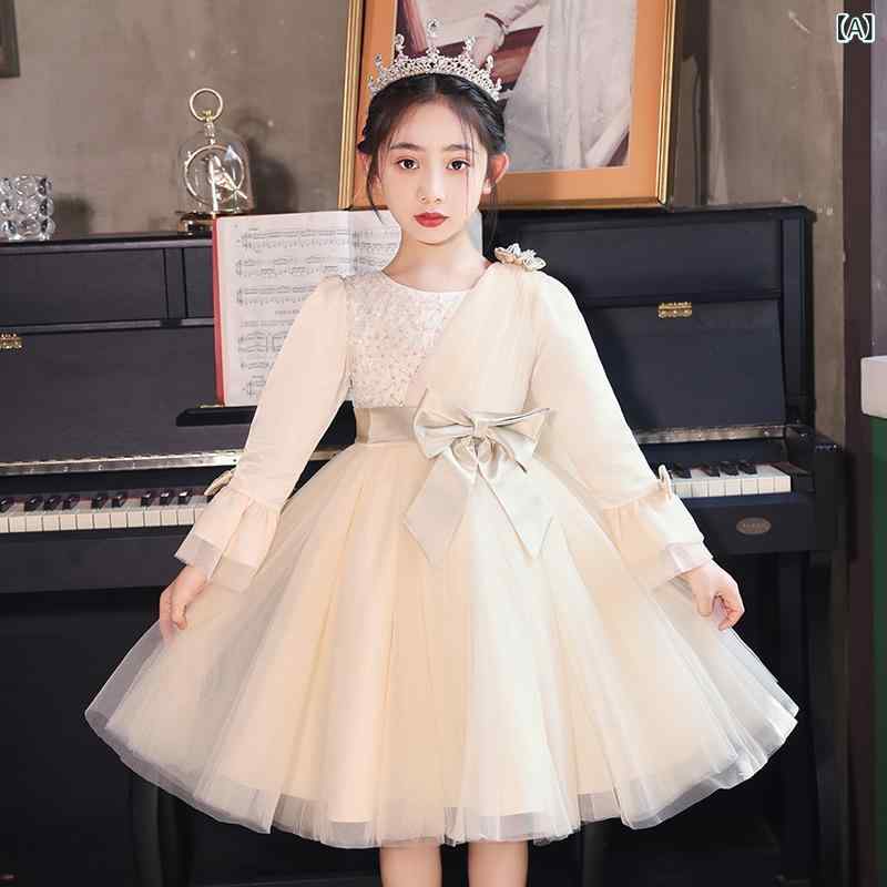 女の子 ワンピース 秋冬 長袖 プリンセス スカート 女児 子供服 香槟色 ピンク チュール フレア スカート ポリエステル コットン ライニング 柔らかい 素材 バタフライボウ アクセサリー 中小童 3-8歳 100-140cm 春秋 冬 暖か プリン