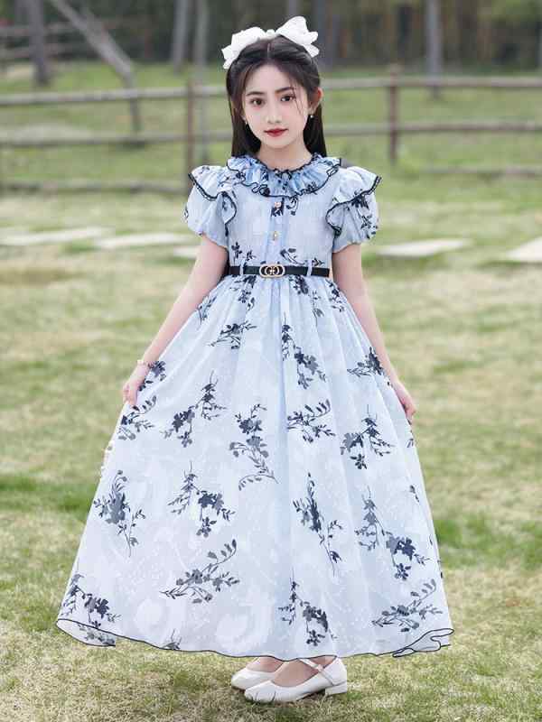 女の子 プリンセスドレス 花柄 ロング スカート 夏用 かわいい ガーリー 綿混紡 ポリエステル 雪紡 短袖 フレア スカート ビッグシルエット 軽量 通気性 吸湿速乾 接触冷感 ブルー ピンク 110cm 120cm 130cm 140cm 150cm