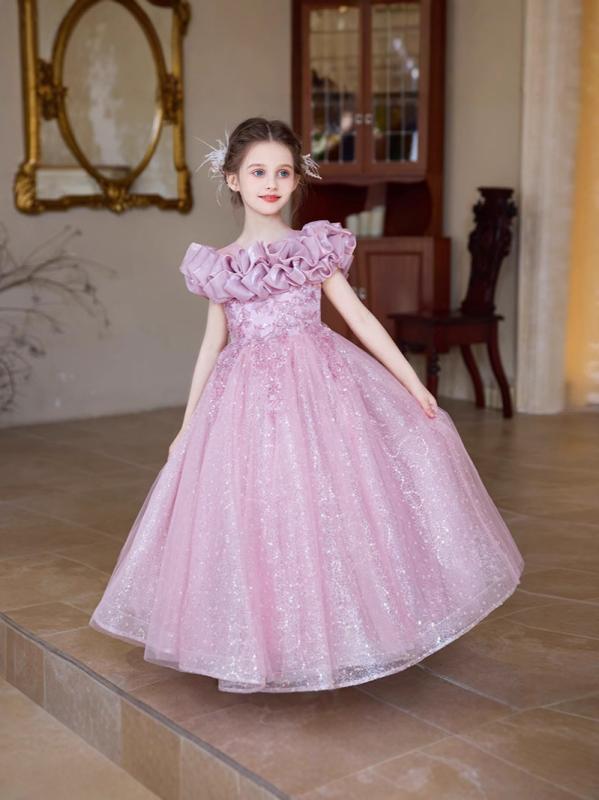 女児 プリンセスドレス 夏 かわいい チュチュ スカート 女の子 連衣裙 演出 衣装 誕生日 パーティー ドレス 甘め スタイル ポリエステル 素材 プリーツ 加工 軽量 通気性 吸湿速乾 接触冷感 プリンセス スカート 裾 ホワイト ピンク系 赤系 3