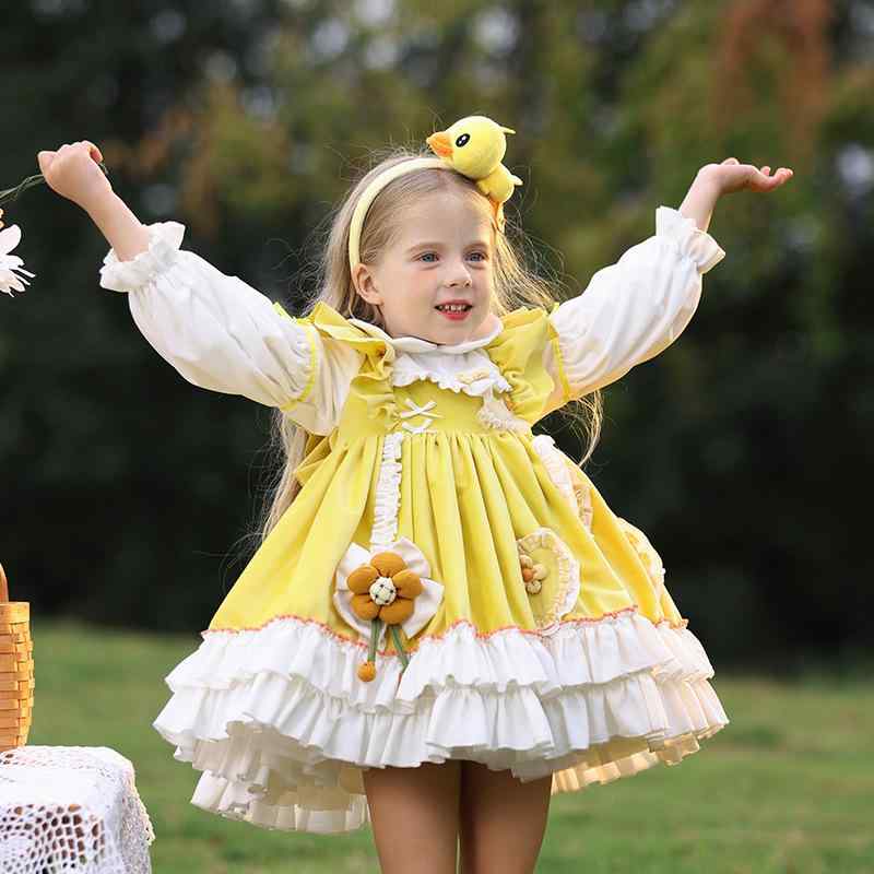 女児 ドレス ロリータ プリンセス スカート 子供服 女の子 かわいい 蓬蓬スカート 秋冬 長袖 Aライン ベルベット ポリエステル コットン 裏地 黄色 花柄 カードゥー パターン 3-8歳 中小児 100-140cm かわいい プリンセス スタイル