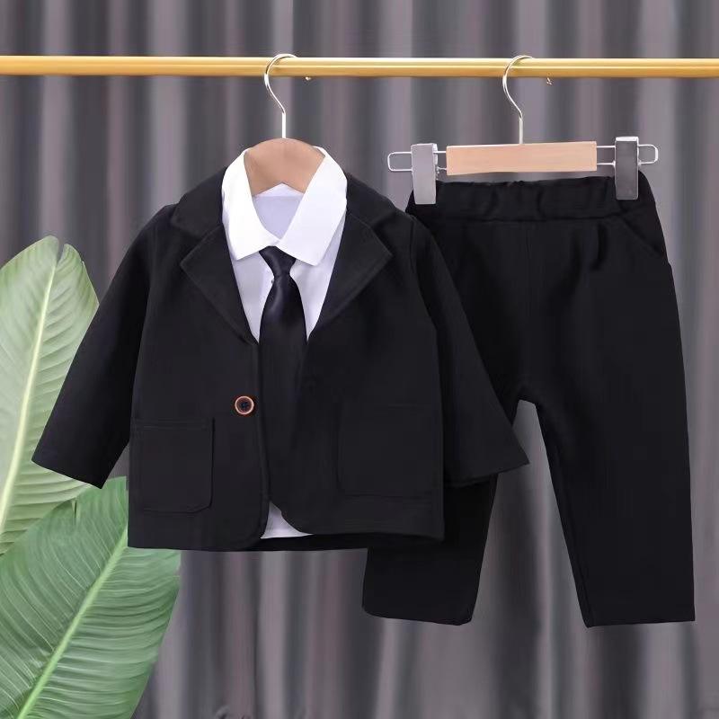 男の子 ベビー スーツ セット 3点 春夏 長袖 コットン ブラック 単排ボタン フォーマル 幼児 1-3歳 80-110cm 吸湿性 伸縮性 通気性 普段使い 春秋 セットアップ 子供服 男児 西装 シャツ ズボン ネクタイ 組み合わせ 安全素材 普通