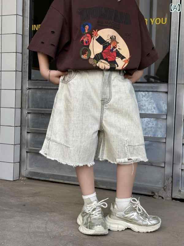 Other - キッズ 男の子 牛仔 ショートパンツ 5分丈 中腰 綿 素材 柔軟 酵素洗 薄手 軽量 夏用 通気性 かわいい ストリートスタイル 田園風 英倫風 潮 ユニセックス 純色 米白色 90cm 100cm 110cm 120cm 130cm 140cm 15