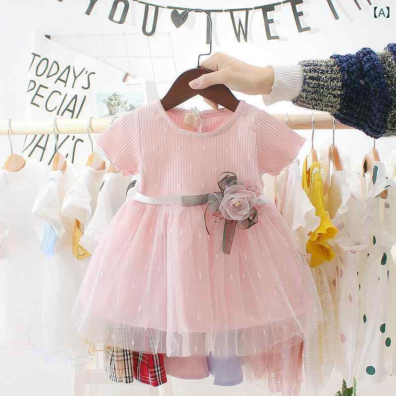 女児 ワンピース 夏 短袖 プリンセス スカート 女の子 子供服 コットン 混紡 綿 80% Aライン スカート 純色 ピンク ローズ ホワイト かわいい 軽やか 涼しい ガールズ ベビー 1-3歳 80-110cm 通気性 肌触り良い 日常着 遊び着