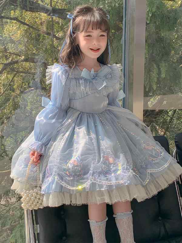 Other - 女の子 プリンセスドレス ロリータ 春夏 ワンピース かわいい チュールスカート コットン 裏地 柔らかい 生地 基本 デザイン ブルー 100〜140cm 中小 子供 服 通学 普段使い かわいい スタイル 軽量 伸縮性 プリンセス スカート プリーツ