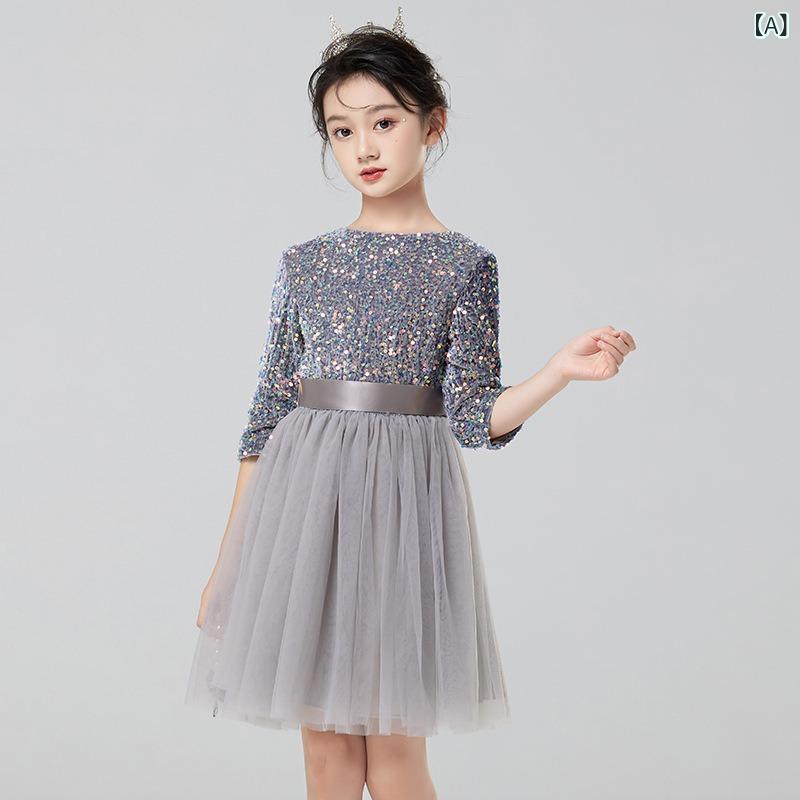 女児 ドレス 女の子用 子供 礼服 プリンセス スカート 長袖 短丈 網纱 チュール レース ポリエステル 100% 化繊 プリーツ加工 剪毛加工 酵素洗い グレー グレー系 春秋 秋冬 春夏 プリンセススタイル 演奏会 発表会 パーティー 誕生日 フォ