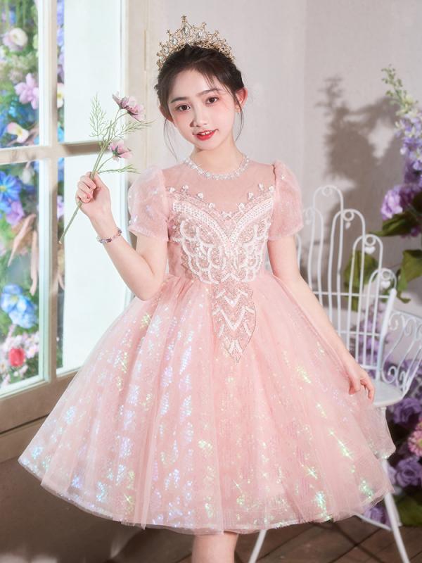 女児 ドレス 女の子 子供用 かわいい プリンセス スカート 短袖 夏用 礼服 誕生日パーティー 結婚式 花嫁付添い 演奏会 演出服 ピンク ブルー チュール ポリエステル 軽量 通気性 フレア 膝丈 3〜8歳 100〜140cm