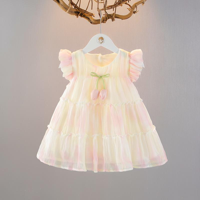 女児 ワンピース キッズ 女の子 夏服 薄手 軽量 プリンセス スタイル Aライン スカート 網纱 ポリエステル 100% ピンク ライトグリーン かわいい 普段使い 涼しい 接触冷感 通気性 伸縮性 ビッグシルエット 小さめ袖 童装 幼児 女児服 夏