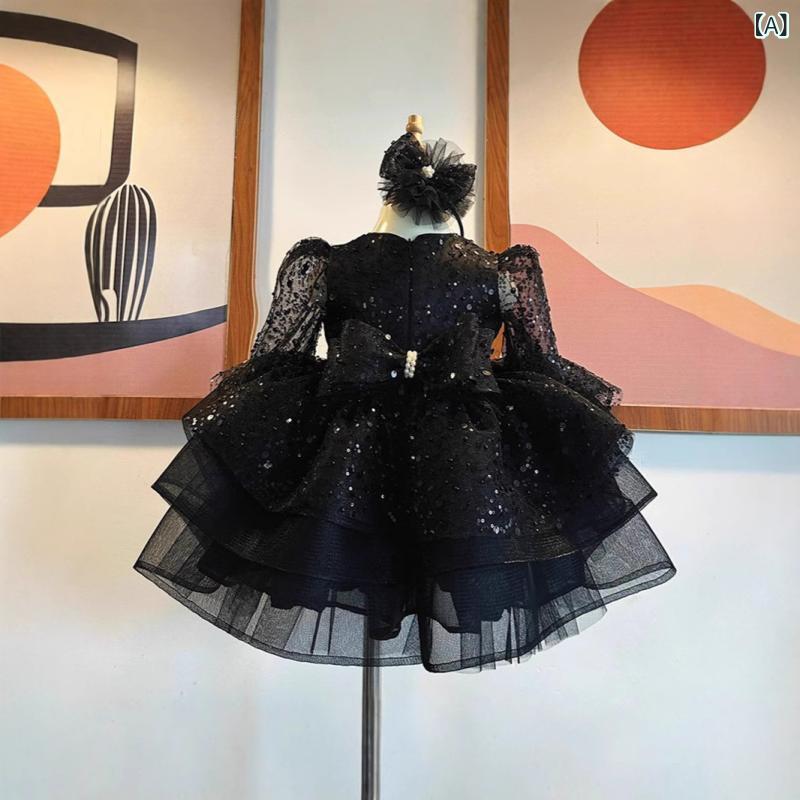 女児ドレス 女の子用 黒 プリンセススタイル 蓬蓬スカート レース 演出服 ピアノ発...
