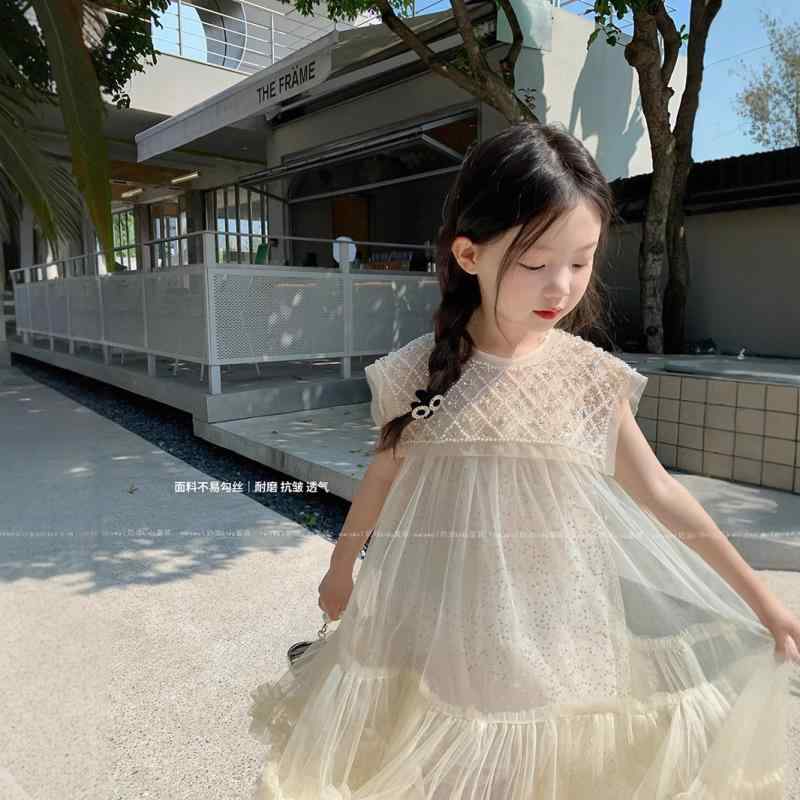 Skirts - 女児 ワンピース キッズ 女の子 夏 春夏 短袖 Aライン スカート プリンセス ドレス 光沢 ラメ ビーズ ネック レース チュール 花柄 プリント 柔らかい 混紡 ポリエステル 素材 軽量 通気性 かわいい ガーリー スタイル 田園 ピーチ ピンク