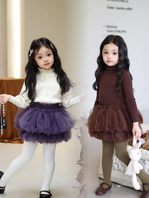 キッズ 女の子 秋冬 スカート 半身 網纱 プリンセス 蓬蓬 花苞 紫 黒 茶 綿ポリエステル 軽量 ふんわり シルエット 伸縮性 普段使い かわいい デザイン 通年 調整 可能