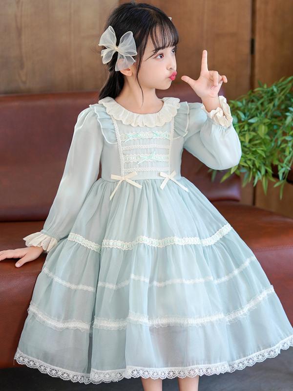 其它 - 女児 ワンピース 女の子用 キッズ 春秋 秋冬 ロリータ プリンセス ドレス 長袖 フリル レース コットン 裏地 ピンク ライトグリーン 蓬蓬スカート かわいい 柔らかい 素材 100-150cm 対応 日常着 誕生日 パーティー 装い 軽量 伸縮性
