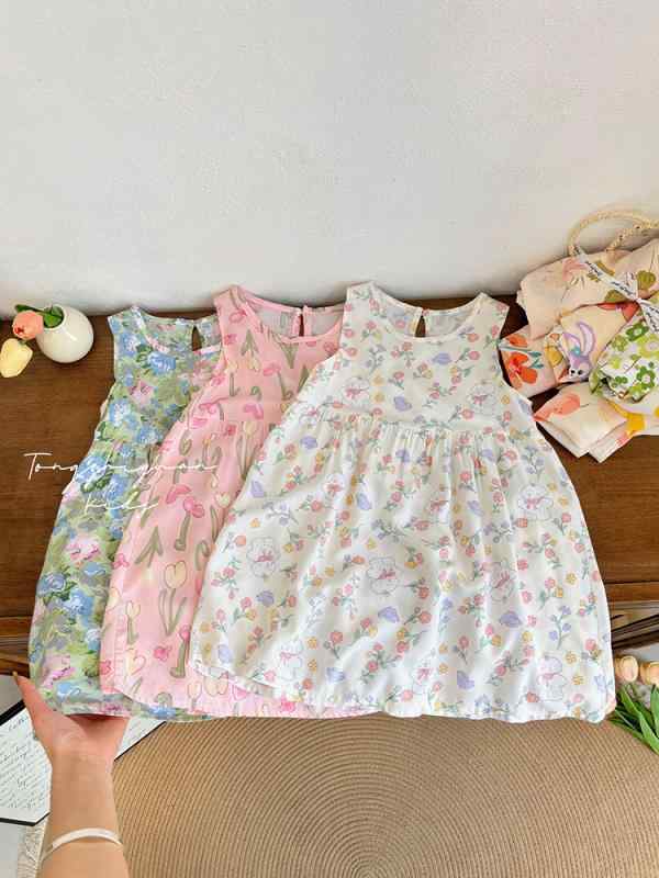 女児 ワンピース 子供服 女の子用 綿混紡 再生繊維 Aライン プリンセススカート フラワープリント かわいい柄 ピンク系 グリーン系 パープル系 夏用 軽量 薄手 通気性 かわいい 普段使い 3〜8歳 90〜160cm 対応