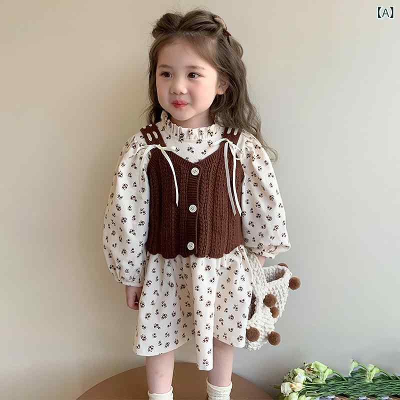 女児 ワンピース セット 秋冬 プリンセス スカート 女の子 服 長袖 綿混紡 柔らかい 素材 フレッシュフラワー 柄 かわいい デザイン 米杏色 トップス ニット ベスト 組み合わせ 3〜8歳 中小童 サイズ 100〜140cm 対応 春秋 季節 通年 2