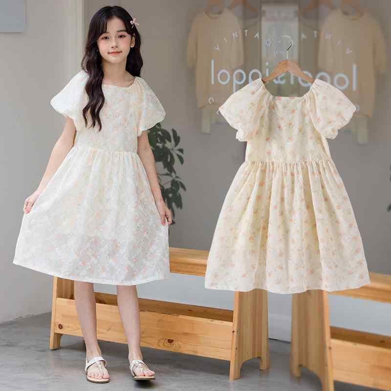 女児 ワンピース 夏用 綿 100% かわいい 泡泡袖 プリンセス フレア スカート フラワー プリント 短袖 柔らかい 素材 甘め スタイル 8歳以上 140cm以上 杏色 ピーチカラー 軽やか 通気性 吸湿 速乾 機能 子供服 ガールズ トップス ド