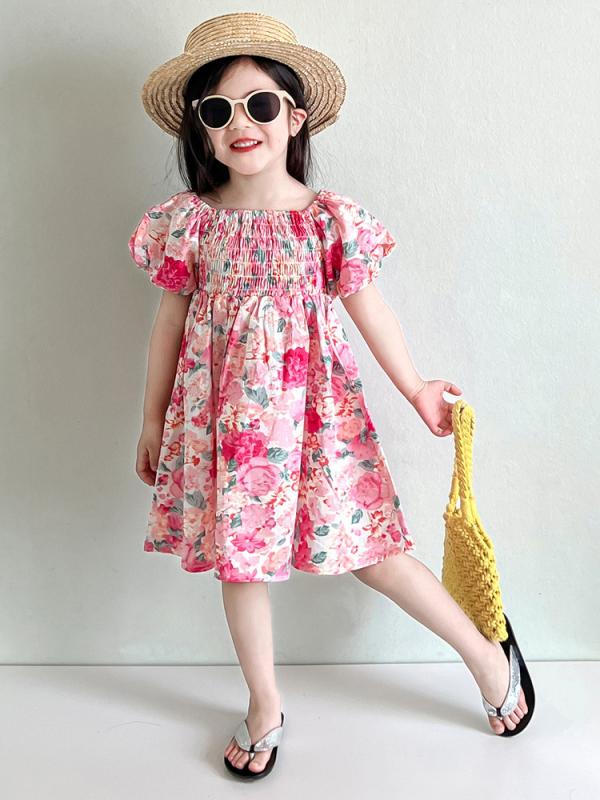 女児 ワンピース 夏用 かわいい 綿混紡 赤 黄色 バラ柄 花柄 プリント 短袖 フレアスカート 泡泡袖 プリンセスライン 柔らかい素材 軽量 通気性 吸湿速乾 3～8歳 100～140cm 女の子 子供服 ガーリー 甘め コーディネート