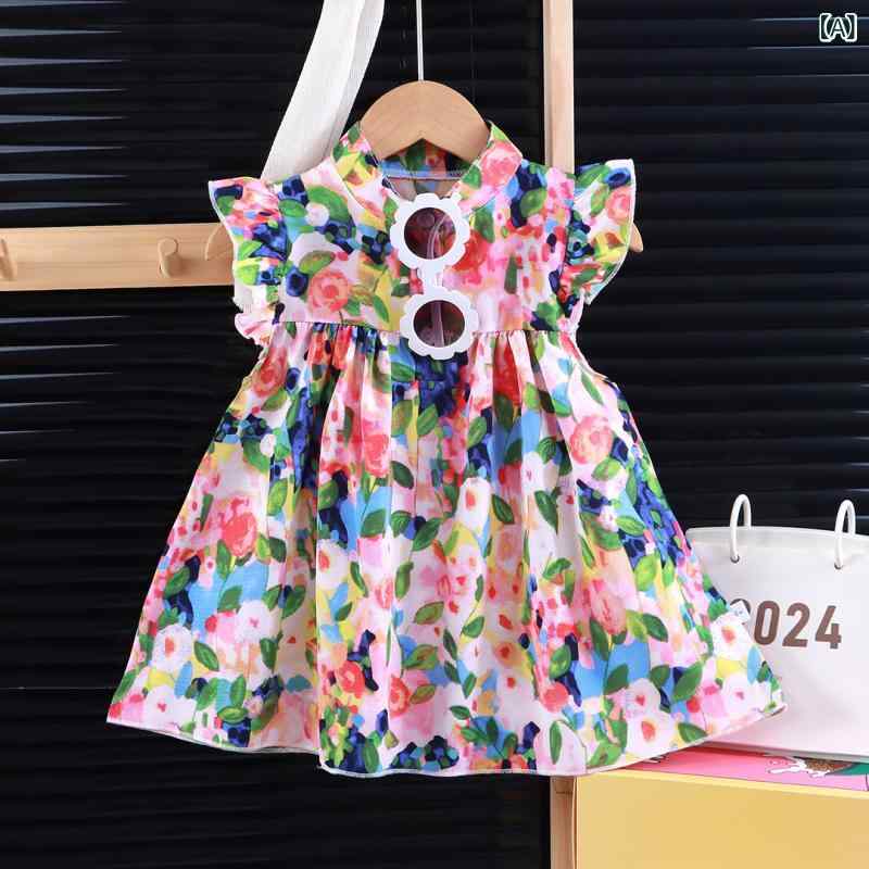 女児 ワンピース 女の子 子供服 春夏 夏用 フラワープリント 薄手 四方向ストレッチ ポリエステル 接触冷感 Aライン プリンセス スカート かわいい 花辺 装飾 軽量 通気性 速乾 フレア スカート カラフル ブルー パープル ピンク イエロー ブラ