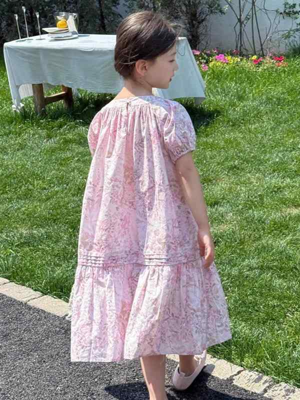 女児 ワンピース キッズ 女の子 夏 春夏 子供 ドレス プリンセス スカート かわいい 碎花柄 花柄 柄物 短袖 薄手 軽量 通気性 吸湿速乾 コットン混紡 ポリエステル 混紡素材 フレアスカート フレア プリンセスライン 夏服 夏用 女の子服 ガール