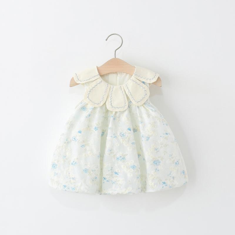 女児 ワンピース 夏用 子供 女の子 ベビー プリンセス 無袖 背心 フレア スカート 花柄 プリント コットン 混紡 柔らかい 素材 かわいい デザイン 接触冷感 吸湿速乾 軽量 通気性 良い ブルー アイボリー ピンク 系 春夏 シーズン 普段使い