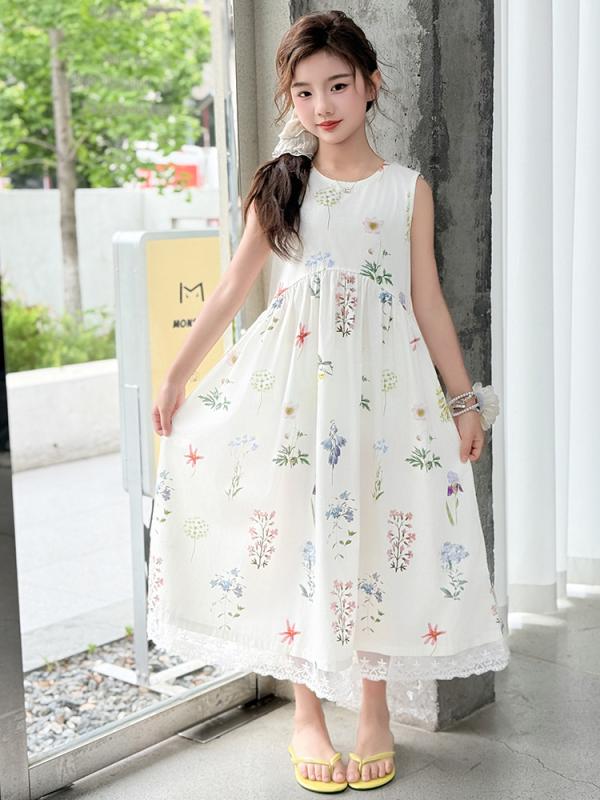 女児 ワンピース キッズ 女の子 夏用 プリンセス デザイン フローラル プリント 切り替え レース 裾 背心 スタイル Aライン スカート 綿 素材 100% 無袖 かわいい 花柄 軽量 通気性 吸湿速乾 日常使い 遊び着 ピンク系 アイボリー