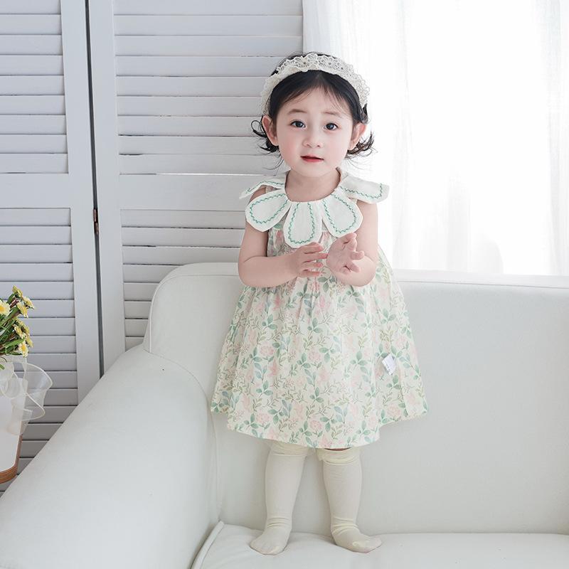 女児 ワンピース 夏 無袖 綿100% 花柄 花びら襟 Aライン 緑 ベビー 幼児 外出着 軽量 吸湿速乾 通気性 かわいい 花柄プリント ストライプ 夏服 女の子 子供服 1-6歳 73-120cm