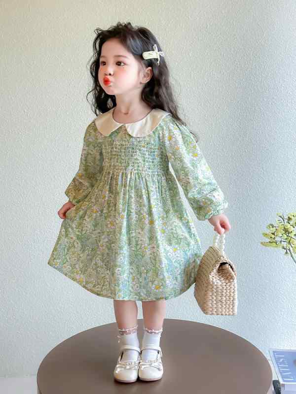 女児 ワンピース 春夏 長袖 フラワー柄 綿 柔軟 かわいい プリンセス デザイン 香草緑 Aライン スカート 中小童 女の子 ベビー 子供 トップス ドレス 通学 普段使い 軽量 吸湿速乾 伸縮性