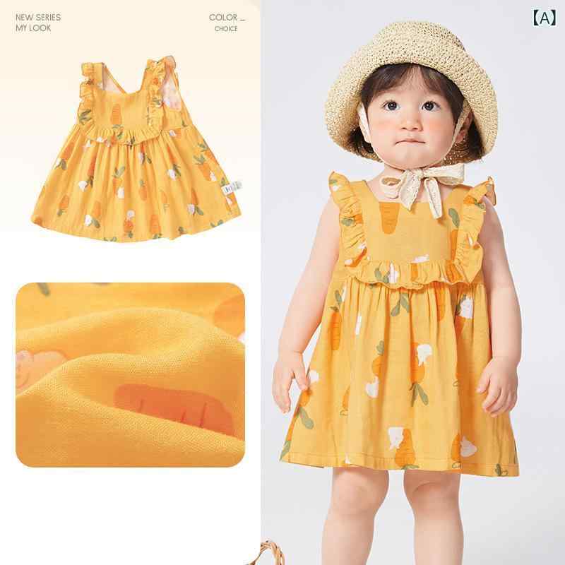 ベビー 女の子 ワンピース 夏用 純棉 無袖 プリンセス スカート 黄色 緑 赤白 フラワー プリーツ スカート かわいい 軽量 吸湿速乾 通気性 良い 普段使い インファント キッズ ドレス トップス