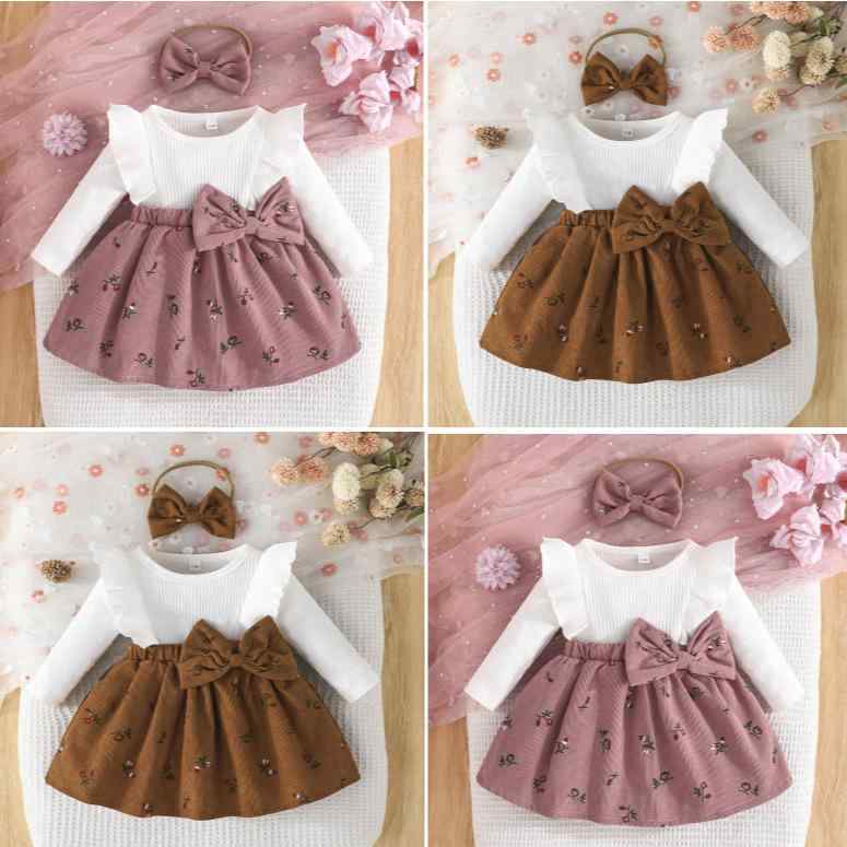 女児用 ワンピース 長袖 小花柄 Aライン 綿 かわいい 甘めスタイル 春夏 秋冬 ベビー服 切り替え 蝶結び ピンク系 アイボリー ベージュ ブルー 伸縮性 通年 普段使い 軽量 吸湿速乾 実用 花柄 トップス ドレス 女の子 幼児 1-3歳 80-1