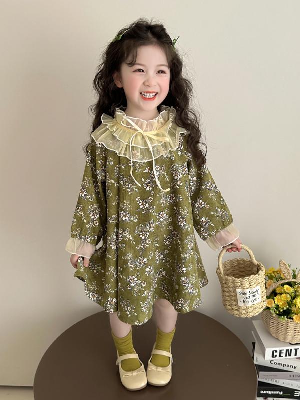 女児 ワンピース プリンセスドレス 春夏 女の子 子供服 かわいい フラワー柄 長袖 ポリエステル 柔らかい 生地 森ガール スタイル トレンド 洋気 3～8歳 100～140cm 通学 日常 遊び着 軽量 伸縮性 吸湿速乾 ピンク系 アイボリー ブルー