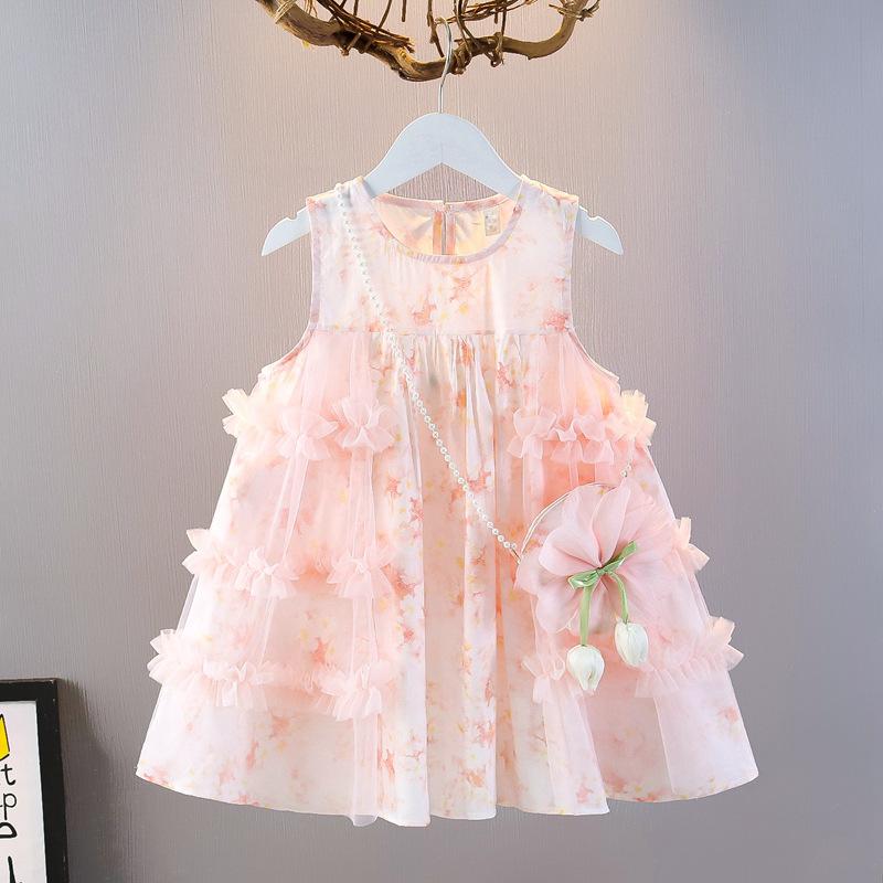 女の子 ワンピース キッズ 吊り下げ 背心 スカート 夏 春夏 子供服 綿混紡 柔軟 素材 花柄 プリント かわいい プリンセス スカート ピンク 紫 イエロー 花型 大花 柄 3～8歳 100～140cm サイズ 軽量 通気性 吸湿速乾 日常 遊び着