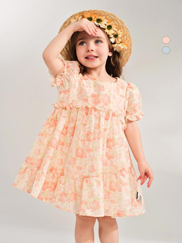 女の子 ワンピース かわいい プリンセス風 Aライン スカート 夏用 花柄 デザイン ポロエステル 混紡 コットン 裏地 軽量 通気性 ピンク ブルー 3〜8歳 100〜140cm 子供服 普段使い ガールズ トップス ドレス フレア スカート 爽やか